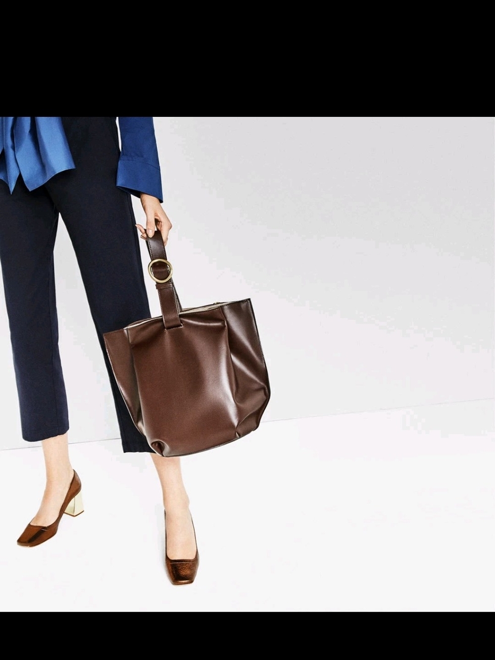 Zara Studio Chocolate Single Coloured Leather Bucket Bag